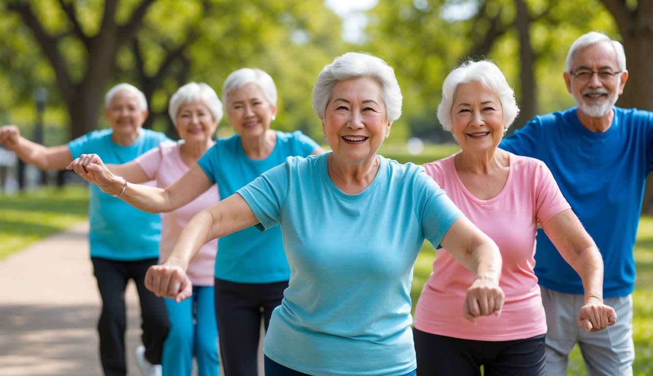 Sekelompok lansia sedang melakukan senam kesehatan ringan di taman yang cerah dan hijau.