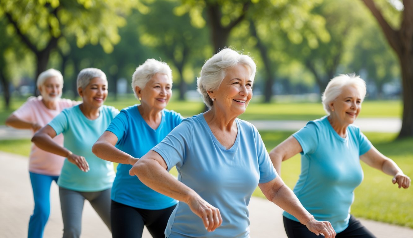 Sekelompok lansia sedang melakukan senam kesehatan ringan di taman yang cerah dan hijau.