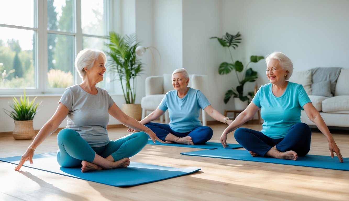 Beberapa lansia sedang melakukan senam kesehatan tanpa alat di ruang tamu rumah dengan pencahayaan alami.