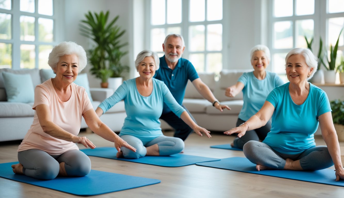 Beberapa lansia sedang melakukan senam kesehatan tanpa alat di ruang tamu yang terang dan nyaman.