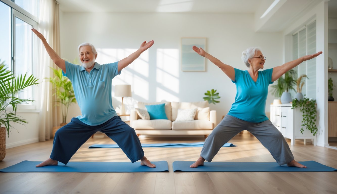 Dua lansia melakukan peregangan di ruang tamu rumah dengan cahaya alami.