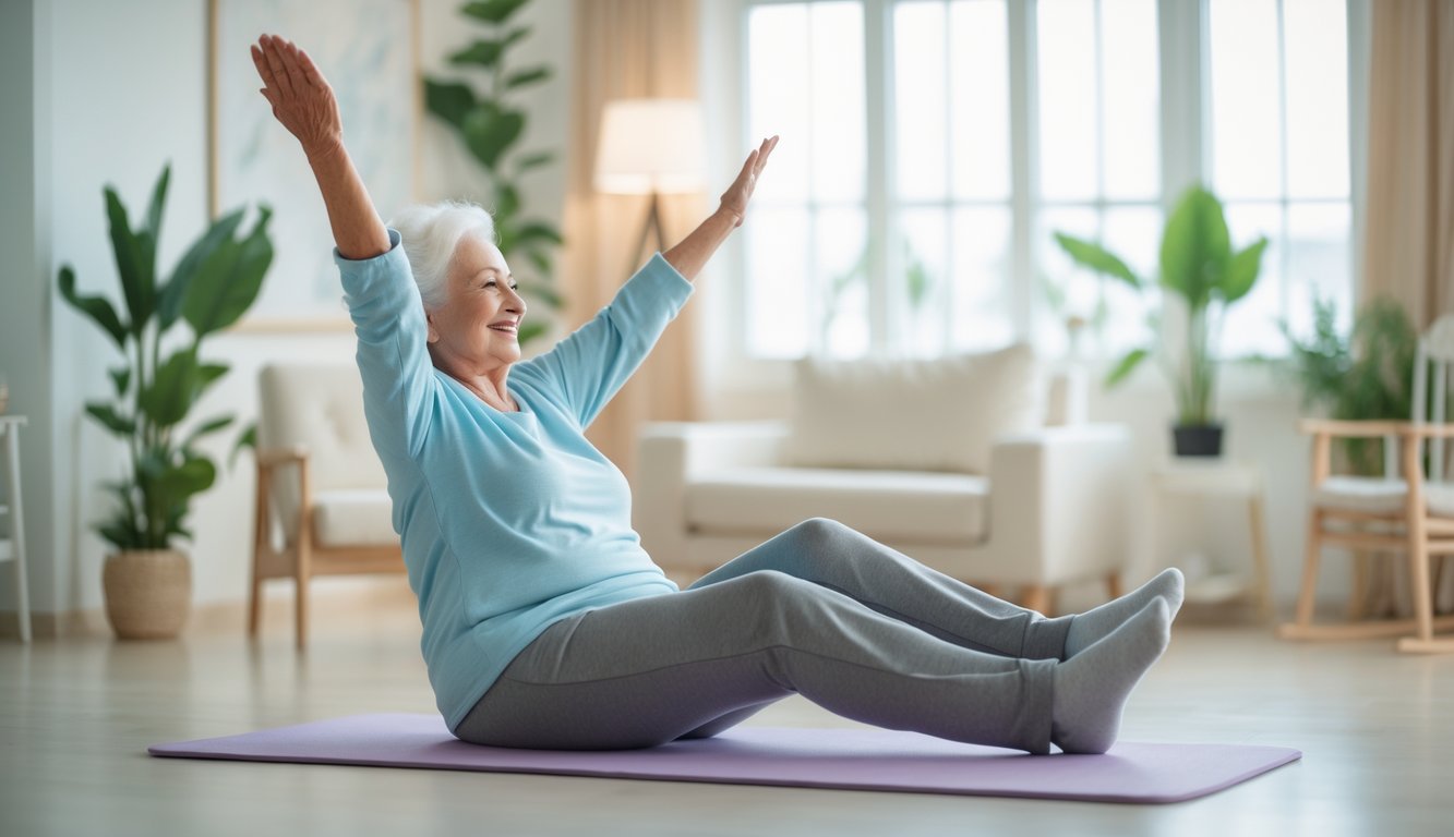 Seorang lansia sedang melakukan peregangan ringan di ruang tamu yang terang dan nyaman di rumah.