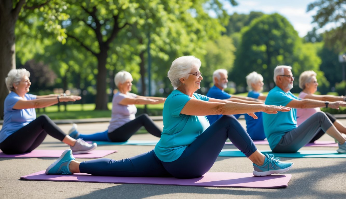 Sekelompok lansia melakukan peregangan lembut di taman yang cerah dan hijau.