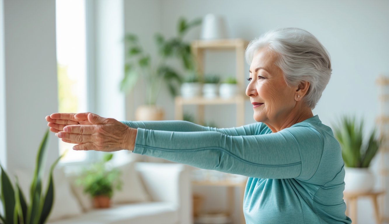Seorang lansia sedang melakukan peregangan dengan latar dalam ruangan yang terang dan nyaman.