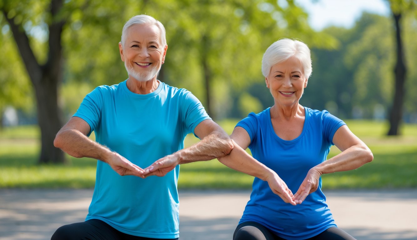 Seorang pria dan wanita lansia melakukan peregangan ringan di taman yang cerah dan hijau.