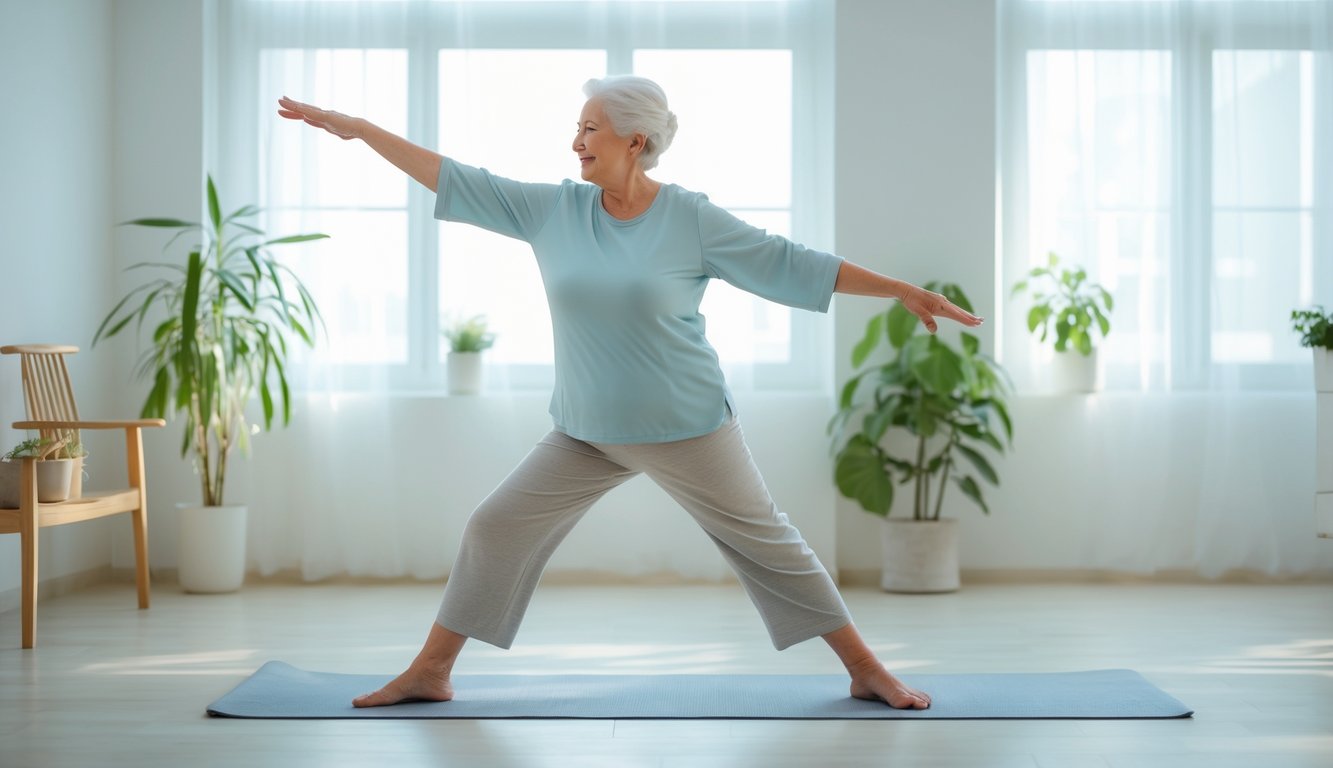 Seorang lansia melakukan peregangan dengan tangan terentang di dalam ruangan yang terang dan nyaman.