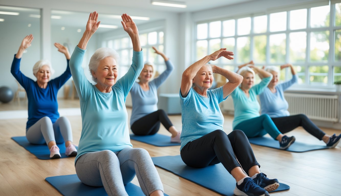 Sekelompok lansia sedang melakukan peregangan sebelum dan sesudah aktivitas harian di dalam ruangan yang terang dan lapang.