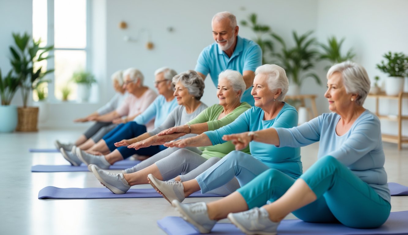 Sekelompok lansia melakukan peregangan lembut di dalam ruangan yang terang dengan instruktur yang membimbing mereka.