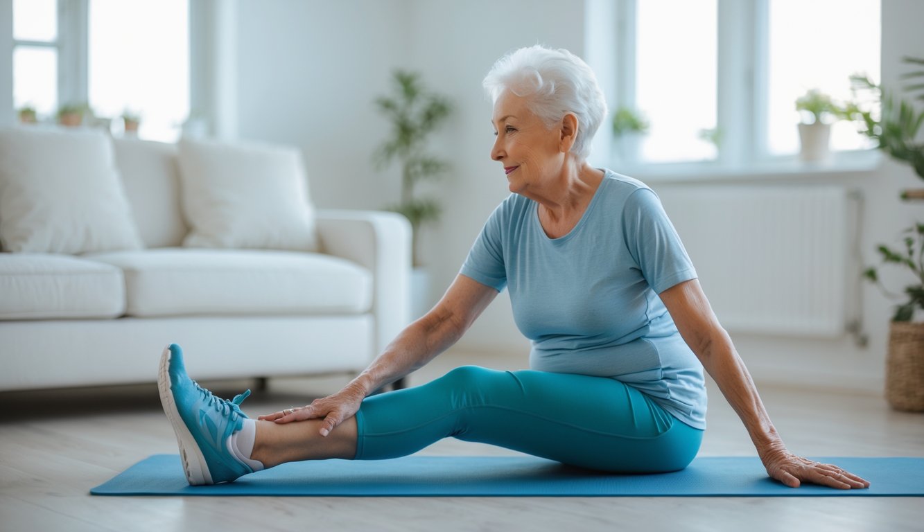 Seorang lansia melakukan peregangan aman untuk lutut dan pinggang di dalam ruangan yang terang.
