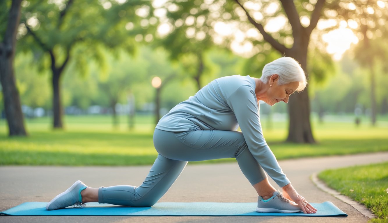 Seorang lansia melakukan peregangan lembut di taman yang tenang pada siang hari.