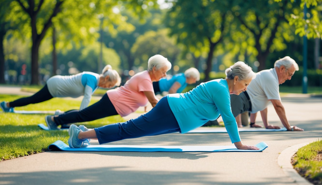 Beberapa lansia melakukan peregangan di taman yang cerah dan hijau.