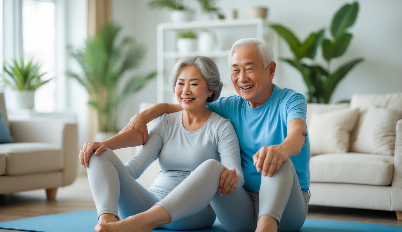 Seorang pria dan wanita lansia sedang melakukan peregangan bersama di ruang tamu yang terang dan nyaman.
