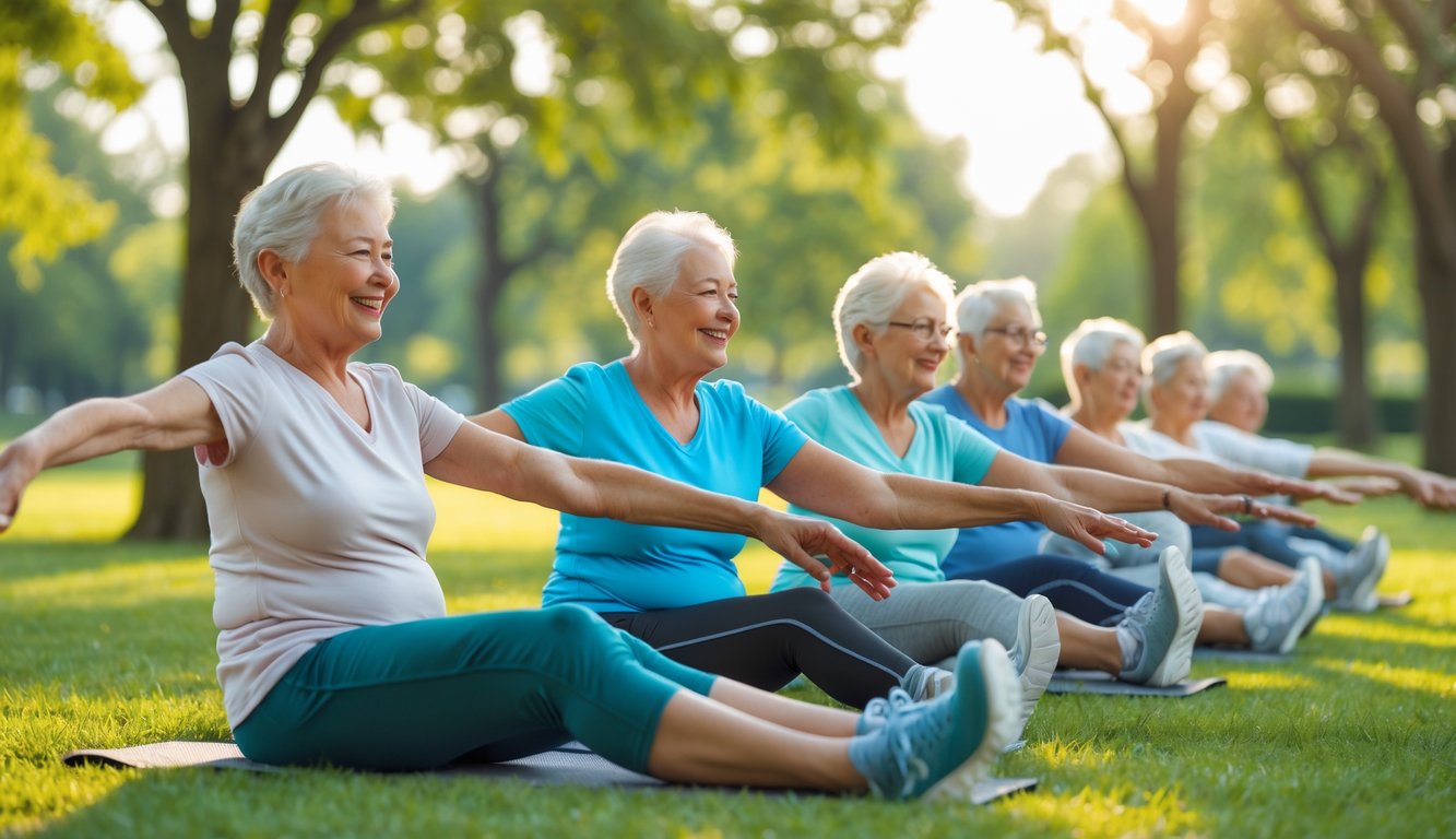 Sekelompok lansia sedang melakukan peregangan ringan di taman pada pagi hari.