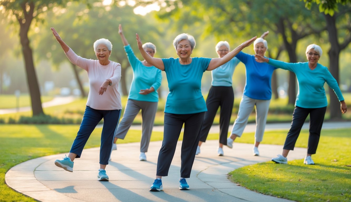 Beberapa lansia melakukan peregangan ringan di taman pada pagi hari dengan sinar matahari dan pepohonan hijau di sekitar.