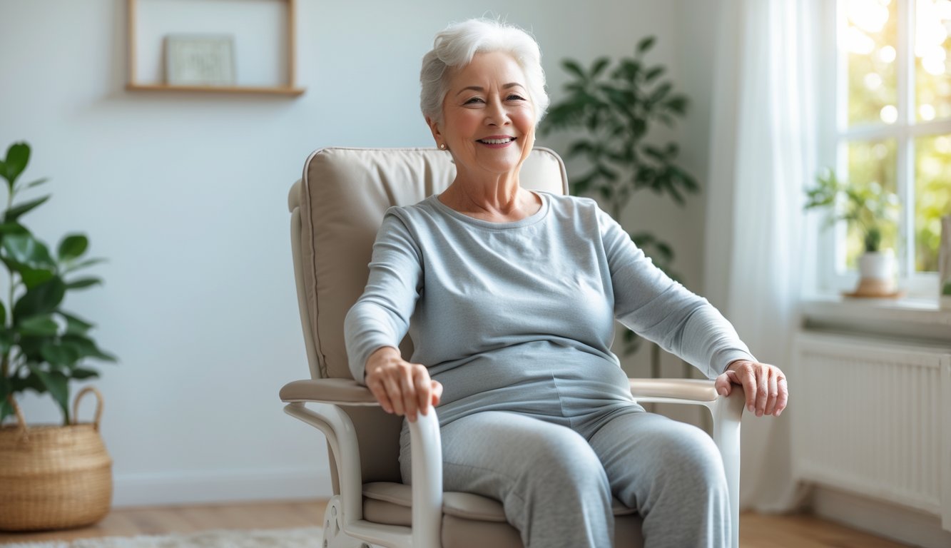 Seorang lansia melakukan peregangan duduk di kursi di dalam rumah yang terang dan rapi.