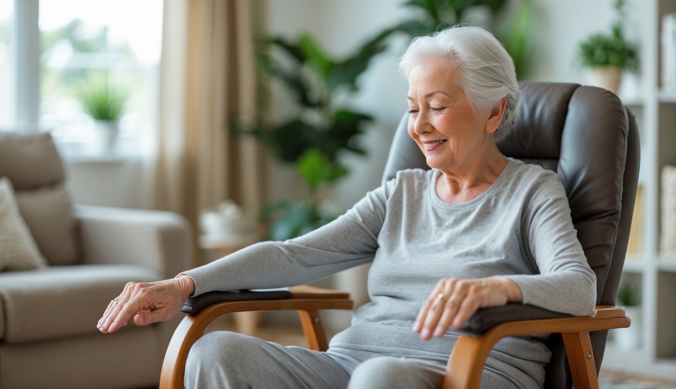 Seorang lansia melakukan peregangan duduk di kursi di ruang tamu yang nyaman.