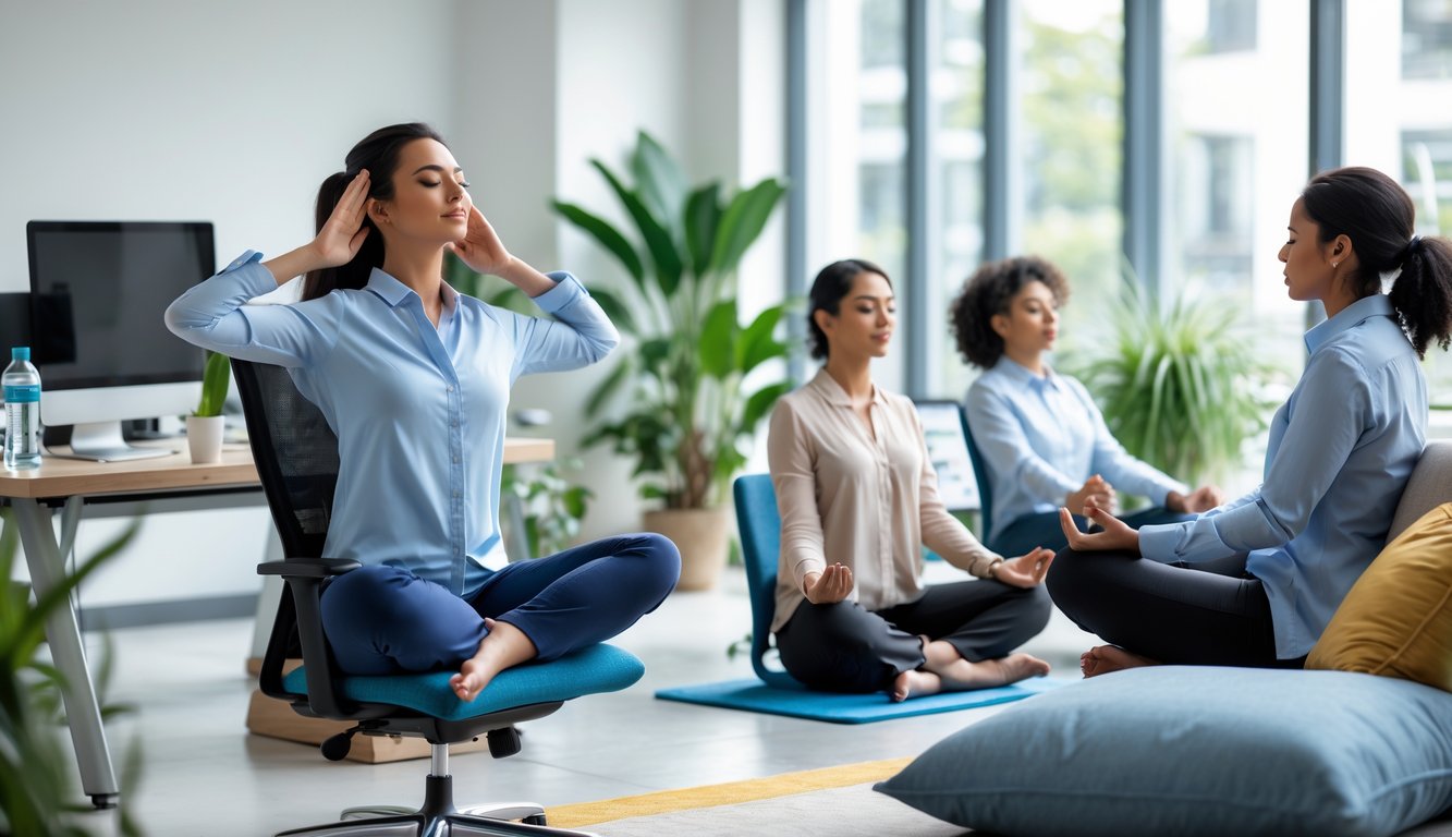 Beberapa karyawan di kantor yang sedang melakukan teknik relaksasi seperti pernapasan dalam, peregangan, meditasi, dan berjalan santai untuk mengurangi stres.