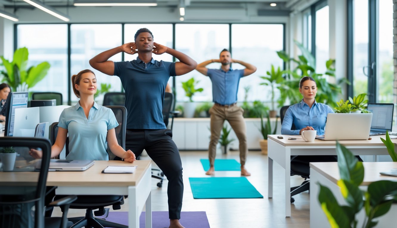 Beberapa pekerja kantor melakukan berbagai teknik relaksasi seperti pernapasan dalam, peregangan, meditasi, dan yoga di ruang kerja yang terang dan rapi dengan tanaman hijau.