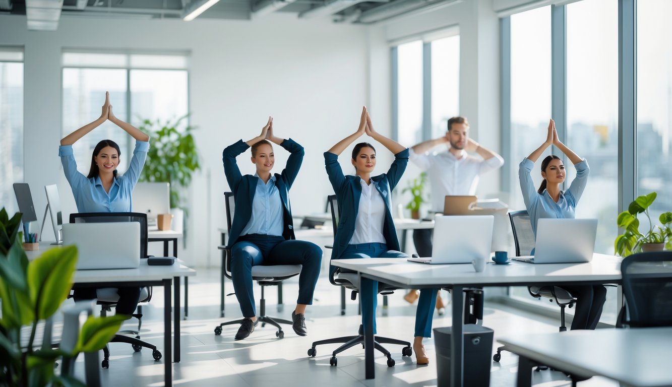 Sejumlah pekerja kantor sedang melakukan teknik relaksasi seperti peregangan dan meditasi di ruang kerja yang terang dan rapi.