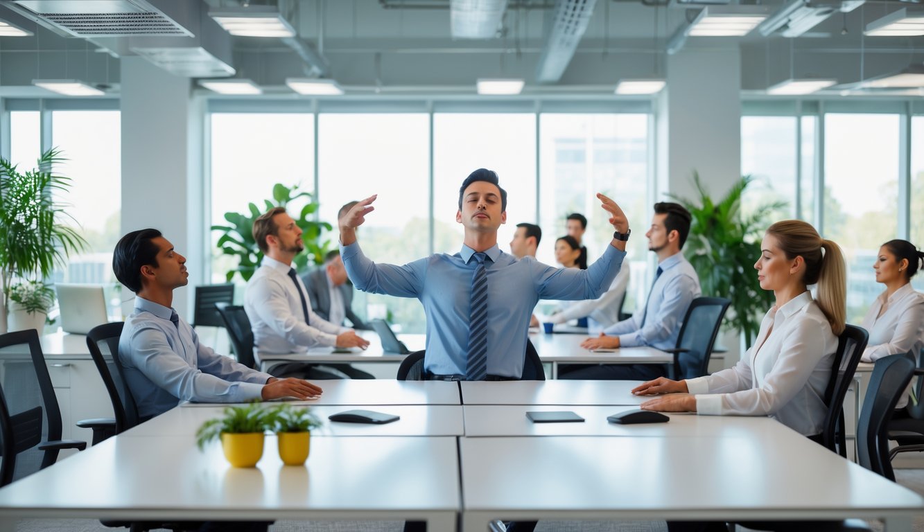 Sekelompok karyawan di kantor modern sedang melakukan teknik relaksasi seperti peregangan dan meditasi untuk meningkatkan produktivitas.