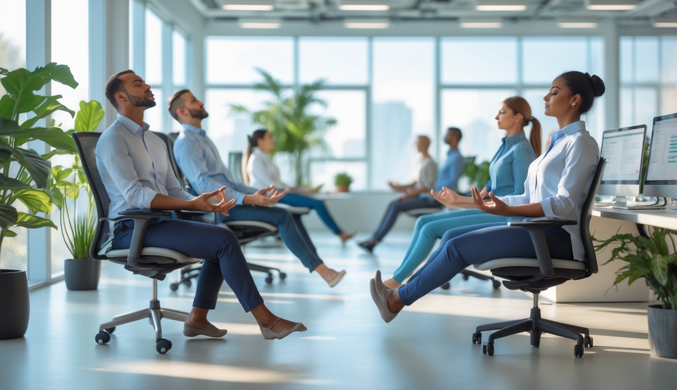 Beberapa karyawan di kantor sedang melakukan teknik relaksasi seperti pernapasan dalam dan peregangan untuk mengatasi kelelahan dan tekanan deadline.