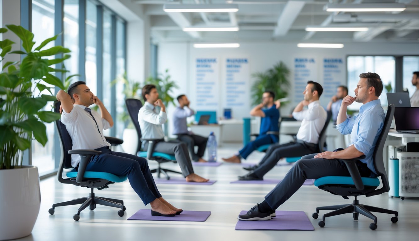 Beberapa pekerja kantor sedang beristirahat dan melakukan teknik relaksasi seperti pernapasan dan peregangan di ruang kerja yang terang dan nyaman.