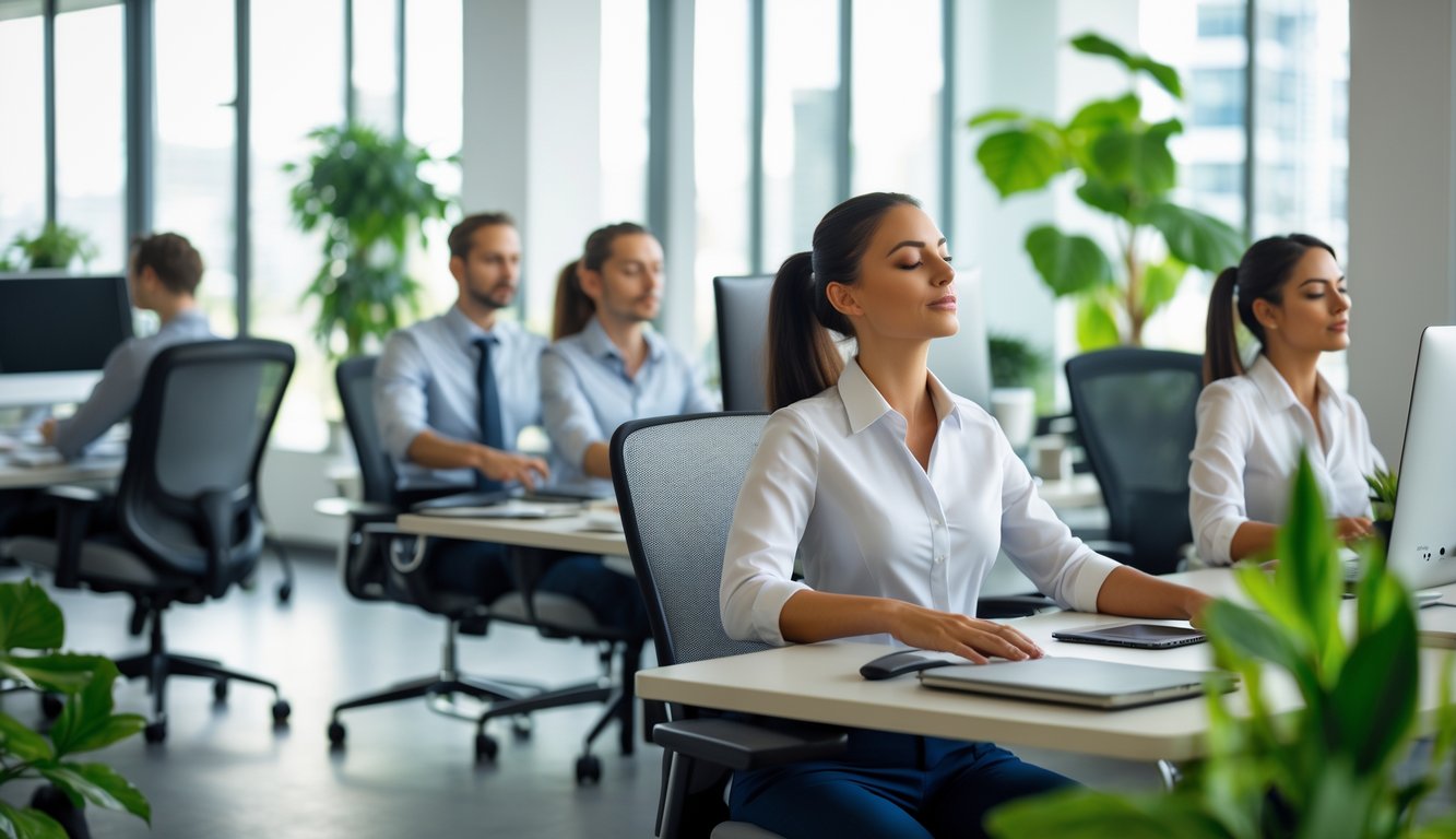Karyawan di kantor modern sedang melakukan teknik relaksasi seperti peregangan dan meditasi untuk mengurangi stres.