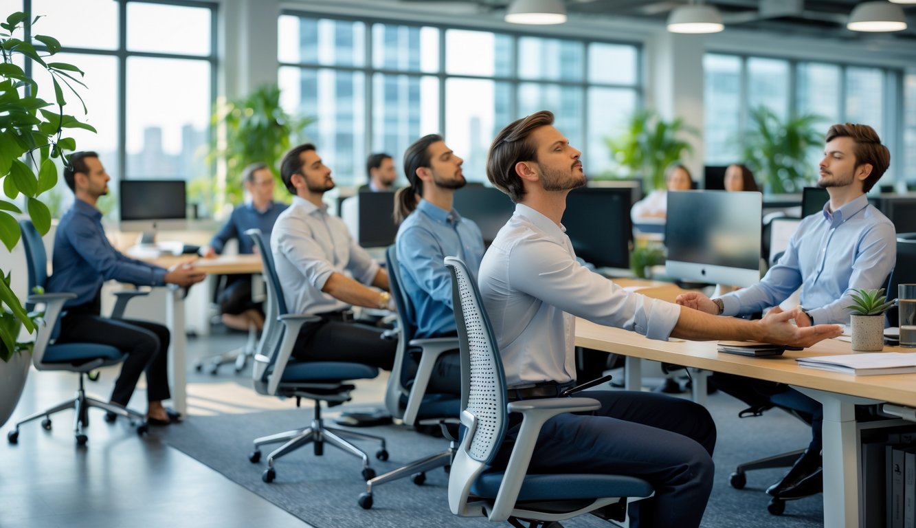 Beberapa karyawan di kantor sedang melakukan teknik relaksasi seperti peregangan dan meditasi di meja kerja mereka.