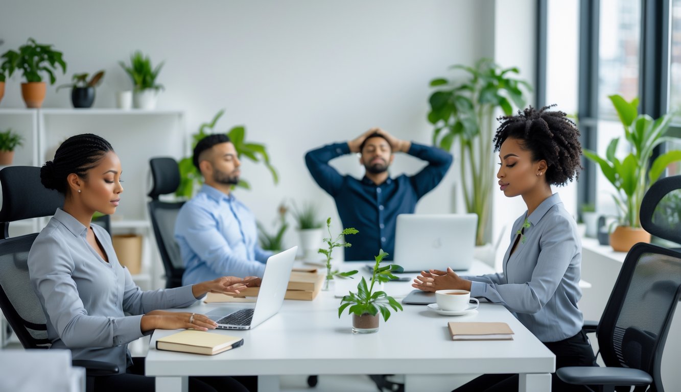 Sejumlah karyawan di kantor sedang melakukan teknik relaksasi seperti bernapas dalam, peregangan, dan meditasi untuk menjaga fokus dan kesehatan mental.