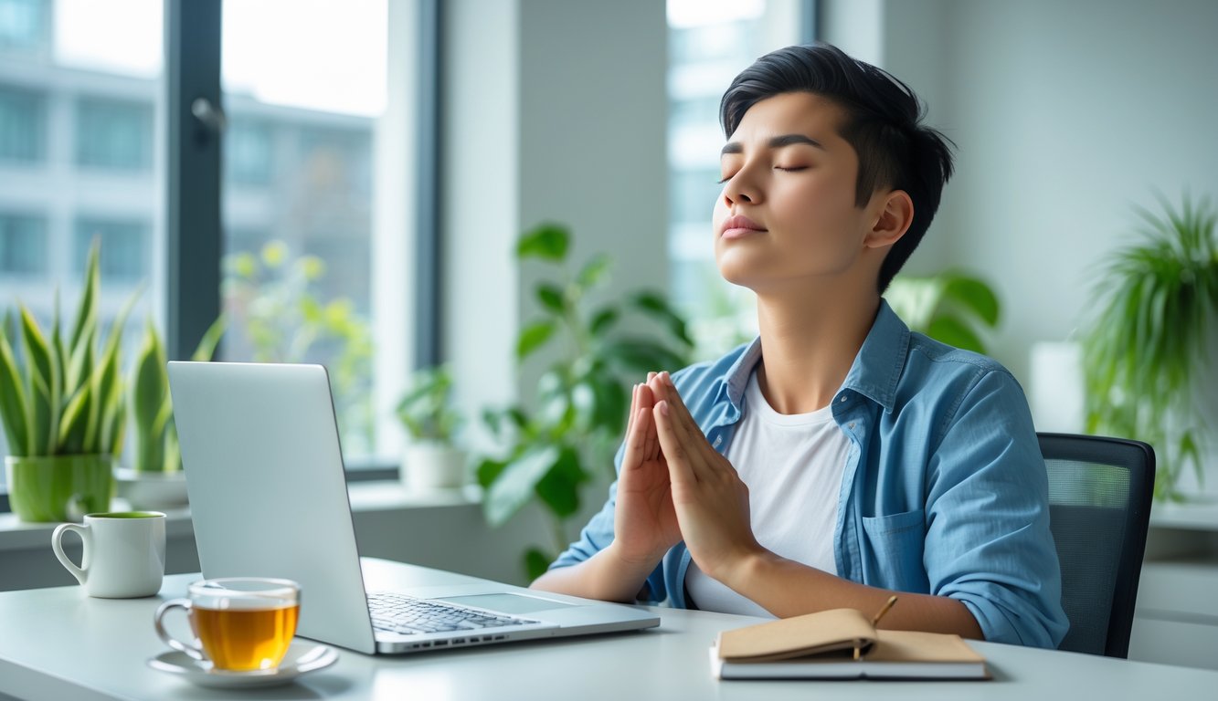 Seorang karyawan duduk tenang di meja kerja dengan mata tertutup, berlatih teknik relaksasi sederhana di kantor yang terang dan rapi.