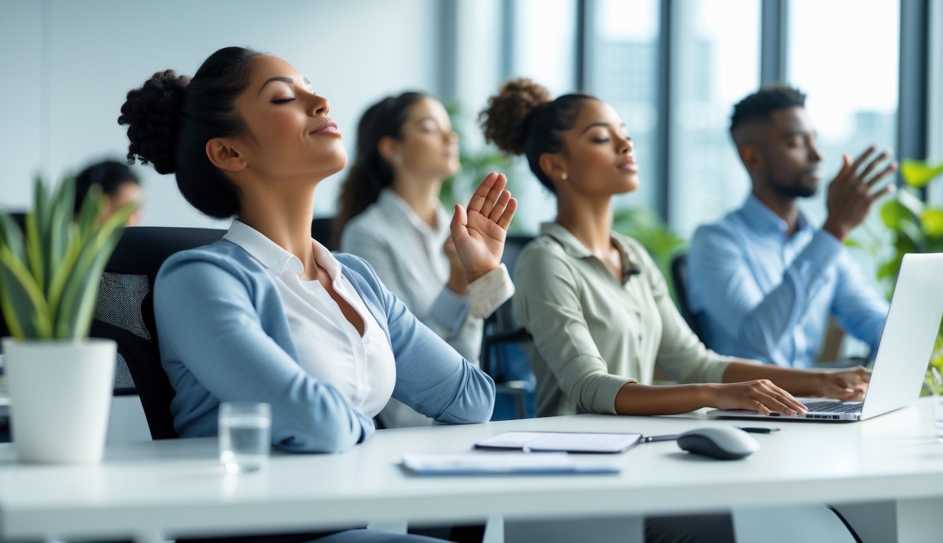 Beberapa karyawan di kantor sedang melakukan teknik relaksasi sederhana seperti bernapas dalam dan peregangan untuk mengurangi kelelahan kerja.