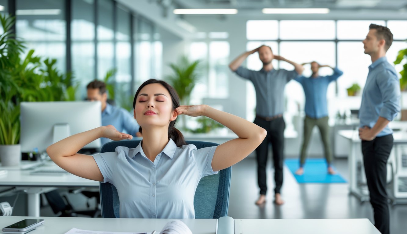 Karyawan di kantor modern sedang melakukan teknik relaksasi seperti bernapas dalam, peregangan, dan meditasi untuk meningkatkan kinerja harian.