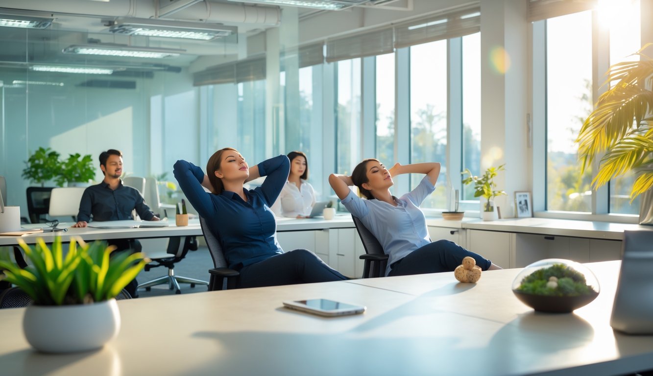 Beberapa pekerja kantor sedang melakukan teknik relaksasi seperti pernapasan dalam dan peregangan di ruang kerja yang terang dan rapi.