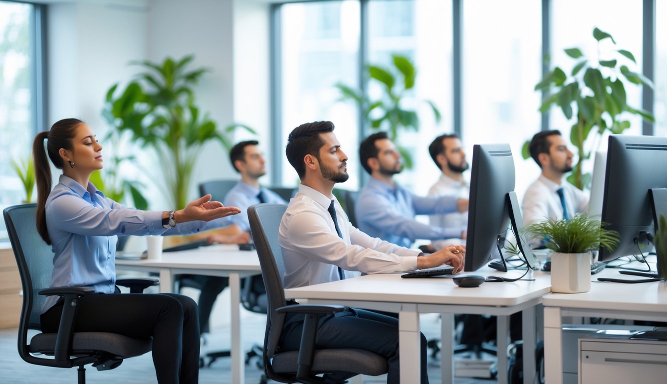 Sejumlah karyawan di kantor modern sedang melakukan teknik relaksasi ringan seperti peregangan dan pernapasan di tempat kerja tanpa mengganggu aktivitas mereka.