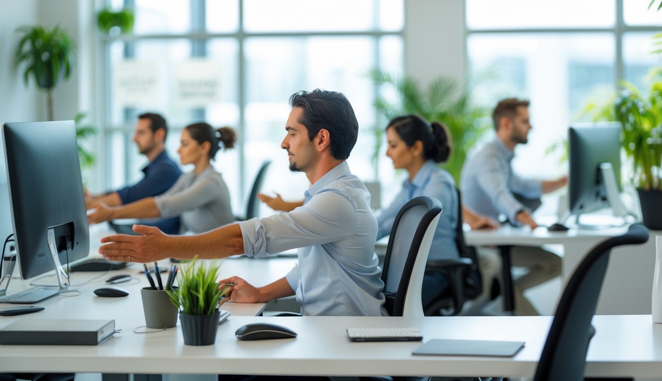 Beberapa pekerja kantor sedang melakukan teknik relaksasi ringan di meja kerja mereka di sebuah ruang kantor yang terang dan penuh tanaman.