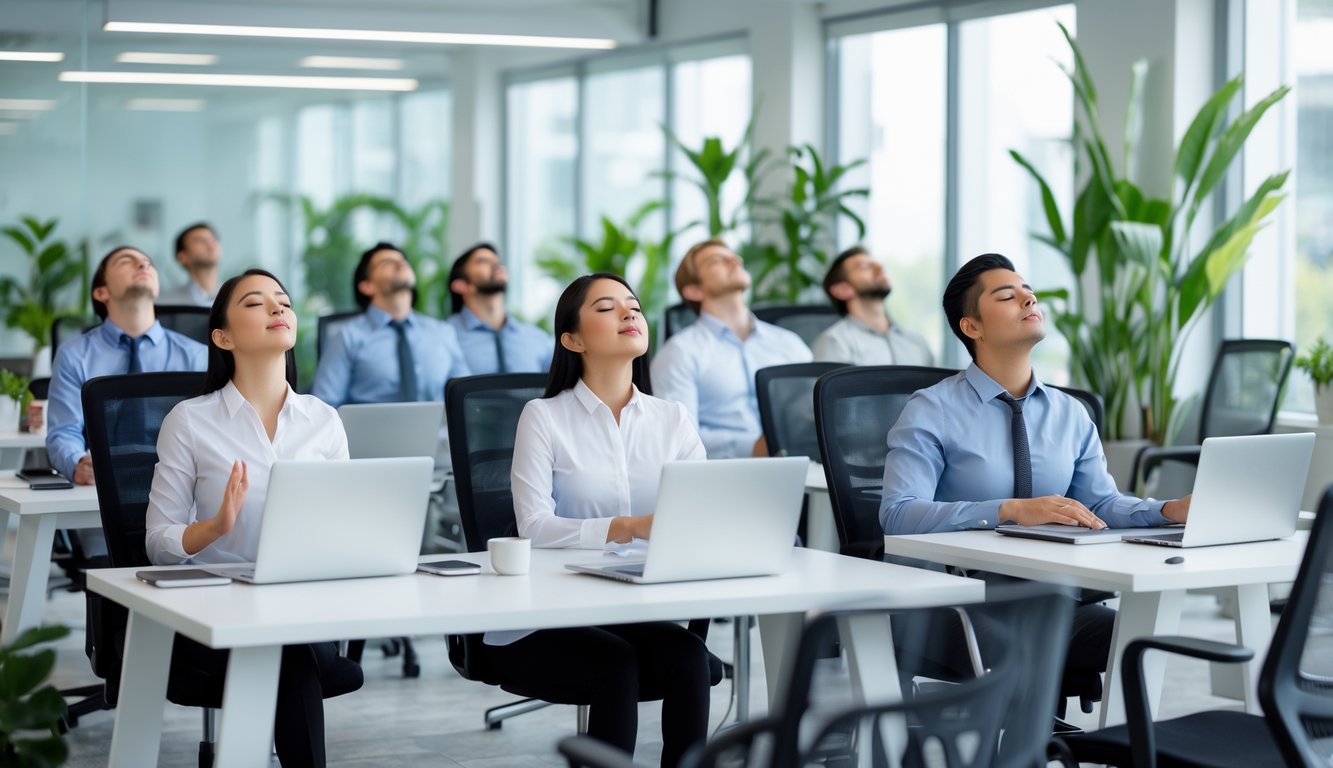 Sejumlah karyawan kantor modern sedang melakukan teknik relaksasi seperti peregangan dan latihan pernapasan di ruang kerja yang terang dan nyaman.