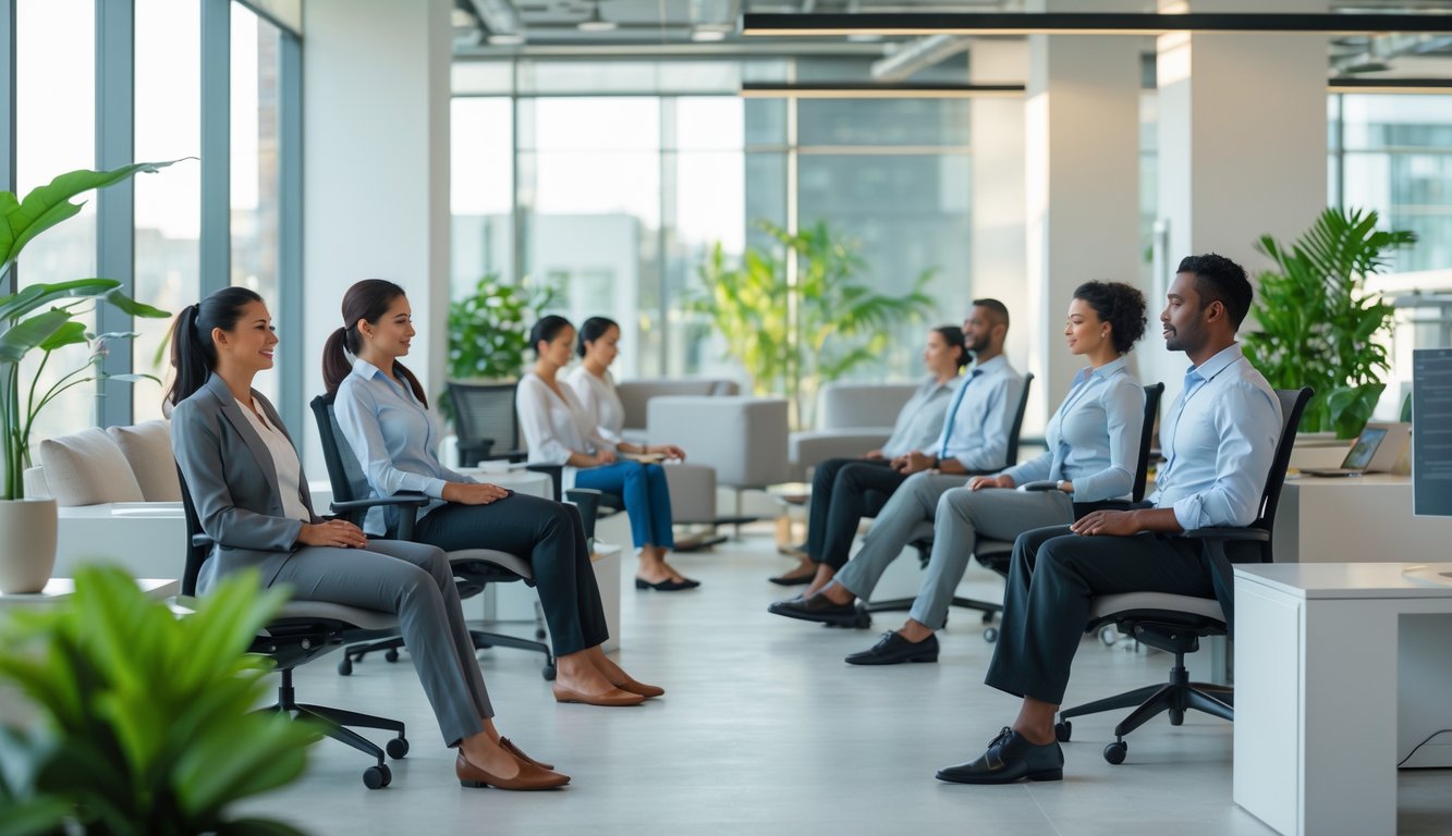 Karyawan kantor modern melakukan teknik relaksasi seperti peregangan dan meditasi di ruang kerja yang terang dan nyaman.