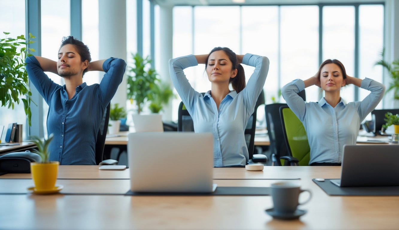 Beberapa pekerja kantor sedang melakukan teknik relaksasi seperti peregangan dan meditasi di ruang kerja yang terang dan nyaman.