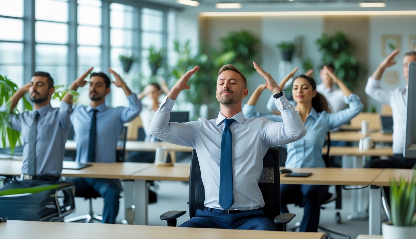 Karyawan di kantor modern sedang melakukan teknik relaksasi seperti pernapasan dalam dan peregangan untuk mengurangi stres.