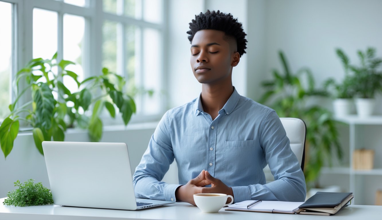 Seseorang duduk tenang di meja kerja modern dengan mata tertutup, bermeditasi di ruang kantor yang terang dan rapi dengan tanaman hijau di sekitar.