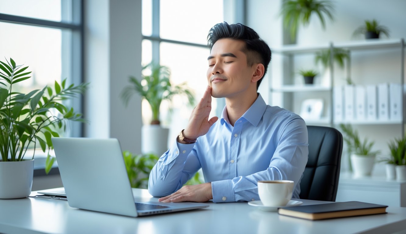 Seorang profesional duduk tenang di meja kerja modern dengan laptop dan tanaman, tampak santai dan fokus mengelola stres.