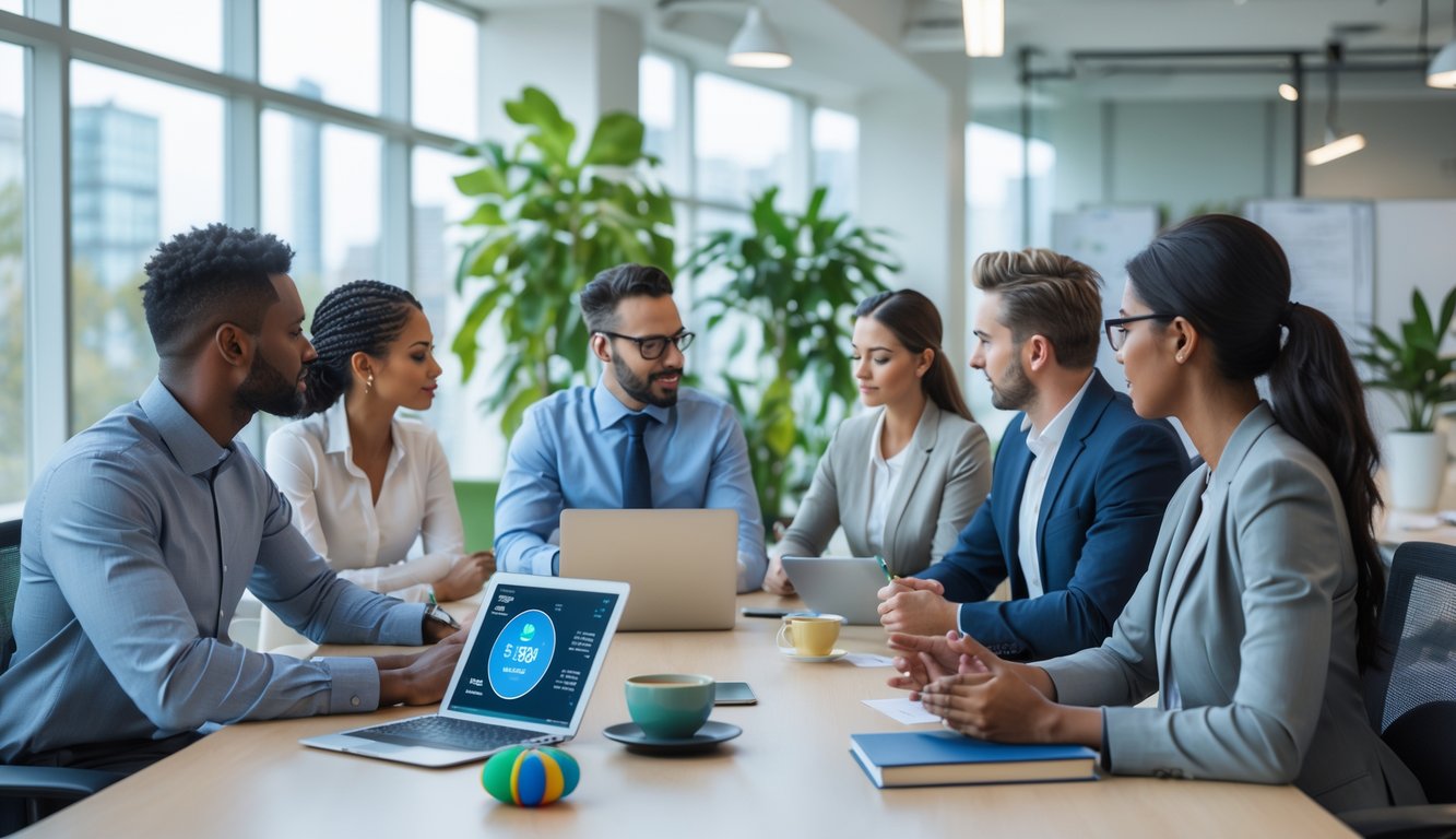 Sekelompok pekerja kantor sedang rapat di ruang kerja modern dengan suasana tenang dan fokus.
