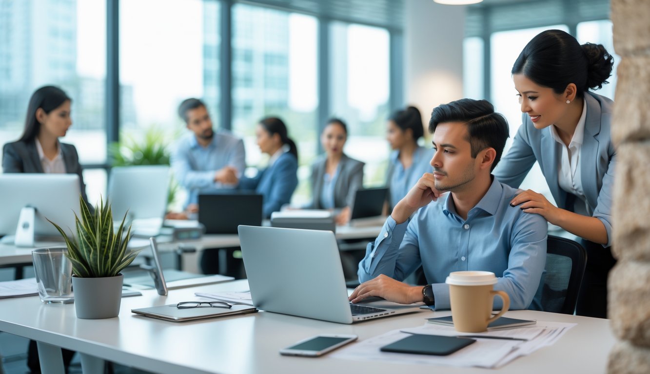 Seorang pekerja kantor terlihat merenung di depan laptop dengan rekan kerja yang memberikan dukungan di ruang kerja modern.