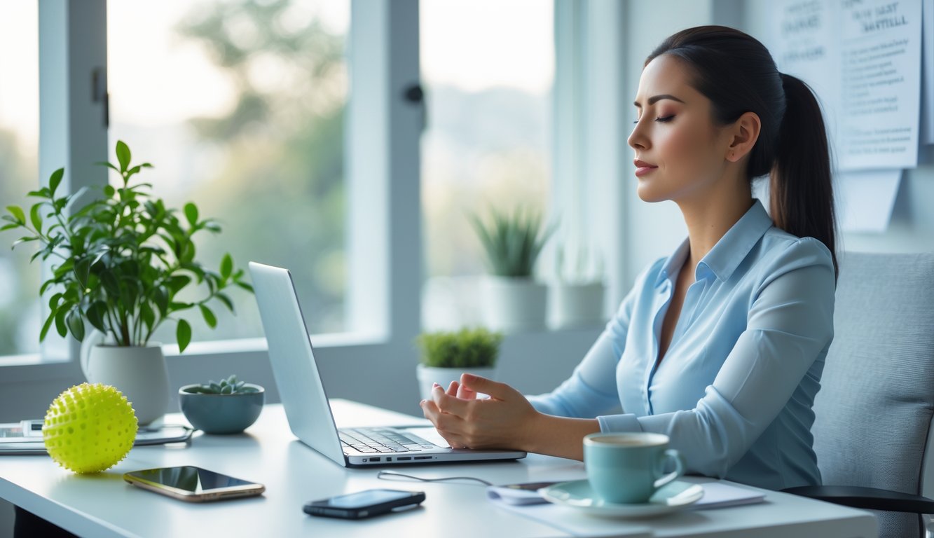 Seorang wanita profesional duduk tenang di meja kantor dengan laptop, cangkir teh, dan tanaman kecil, tampak sedang berlatih pernapasan dalam untuk mengelola stres.