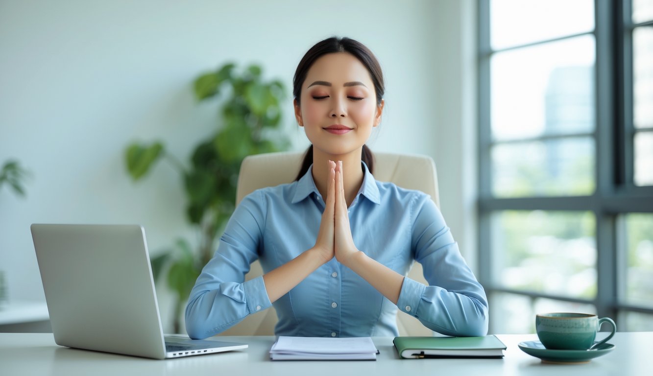 Seorang wanita profesional duduk tenang di meja kantor modern dengan mata tertutup, sedang melakukan teknik relaksasi untuk mengelola stres.