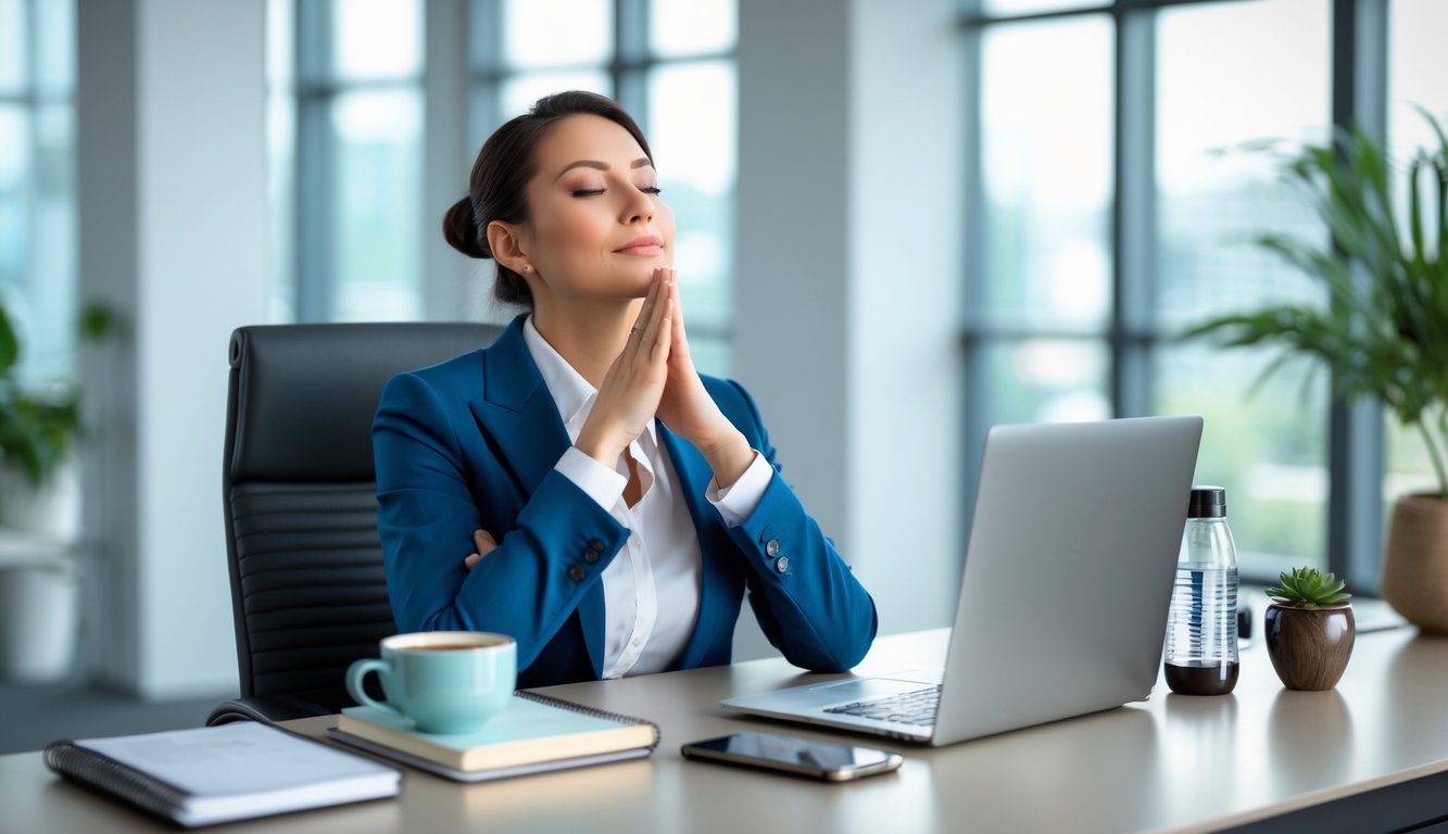 Seorang profesional bisnis duduk tenang di meja kantor modern dengan laptop dan tanaman kecil di dekatnya, tampak fokus dan rileks.