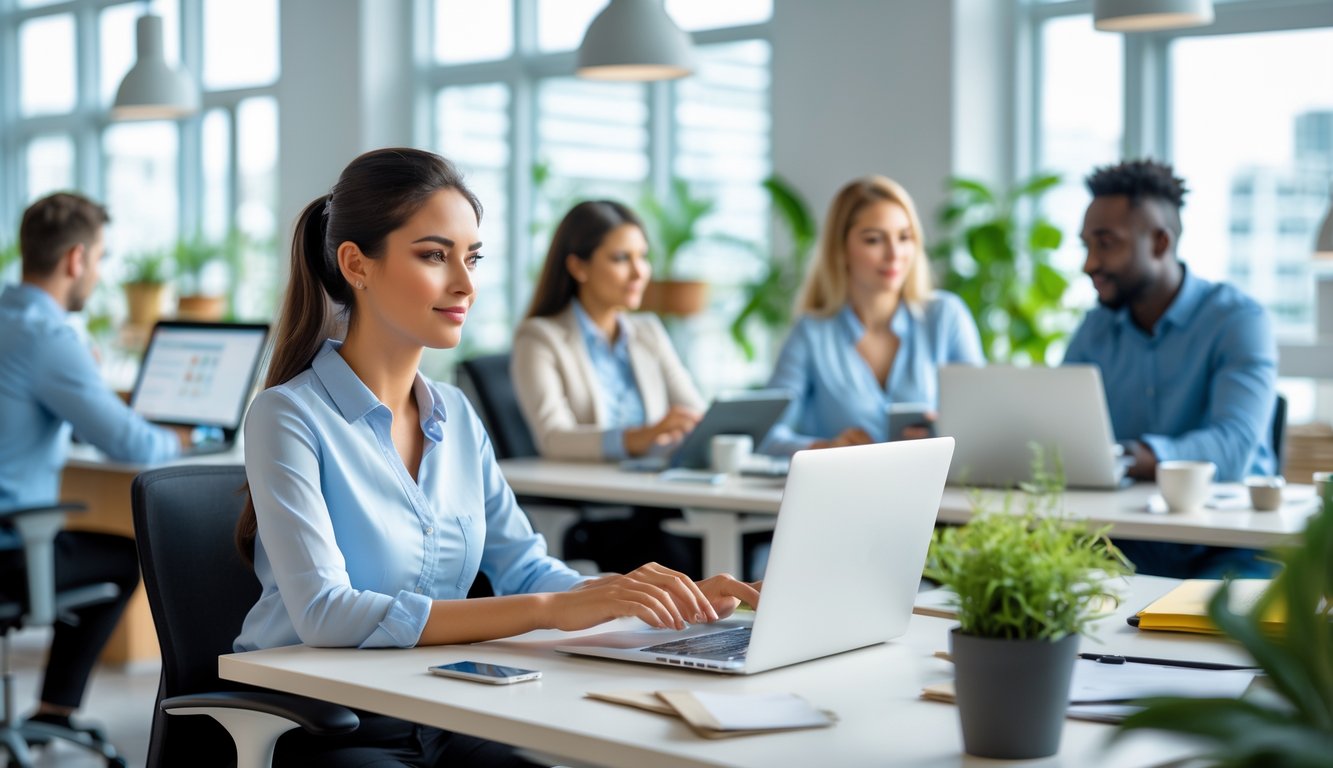 Seorang wanita muda fokus bekerja di meja kantor dengan rekan-rekan yang berdiskusi di latar belakang dalam ruang kerja modern.