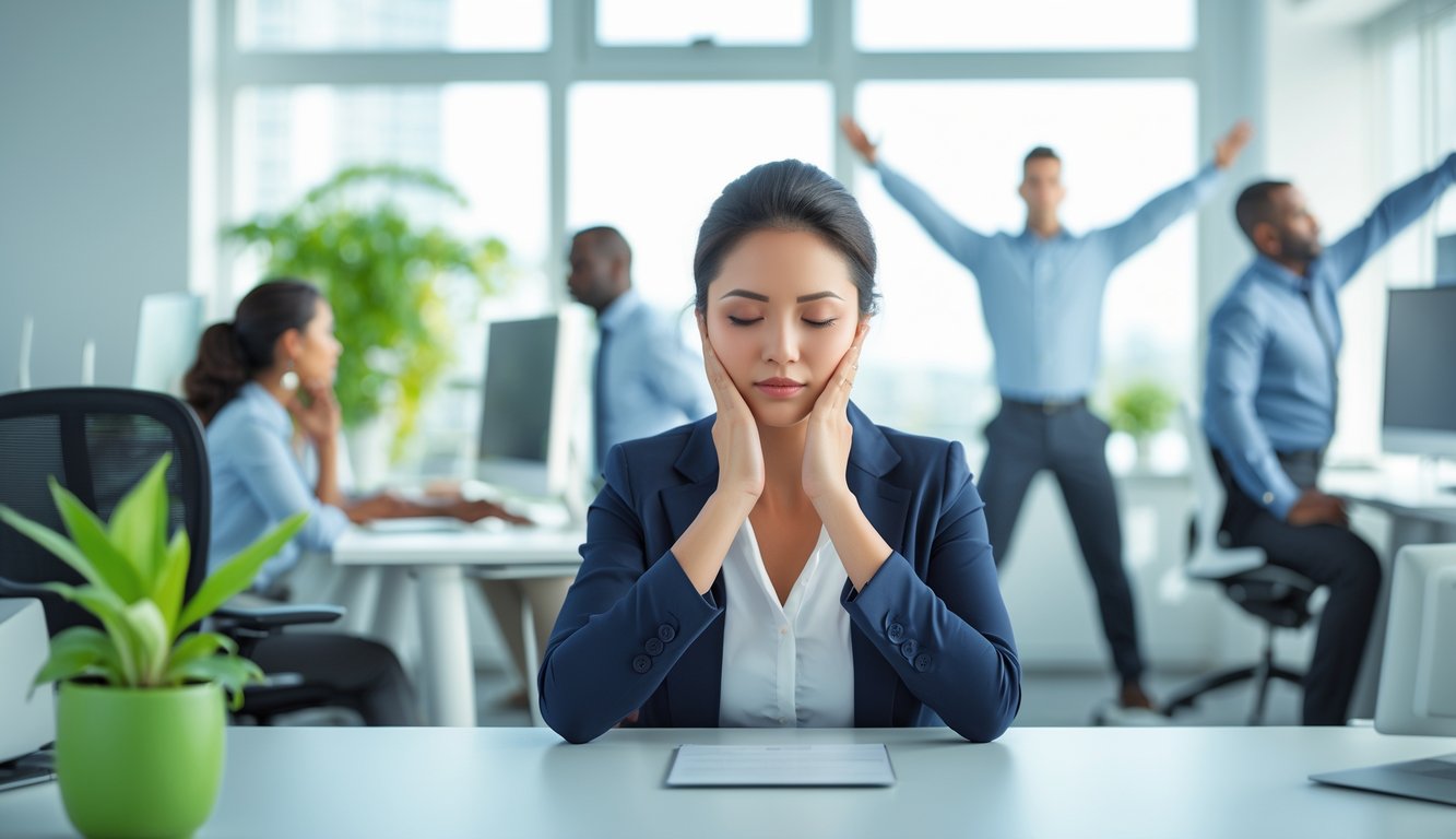 Sekelompok pekerja kantor yang sedang melakukan teknik mengelola stres di ruang kerja modern dengan pencahayaan alami.