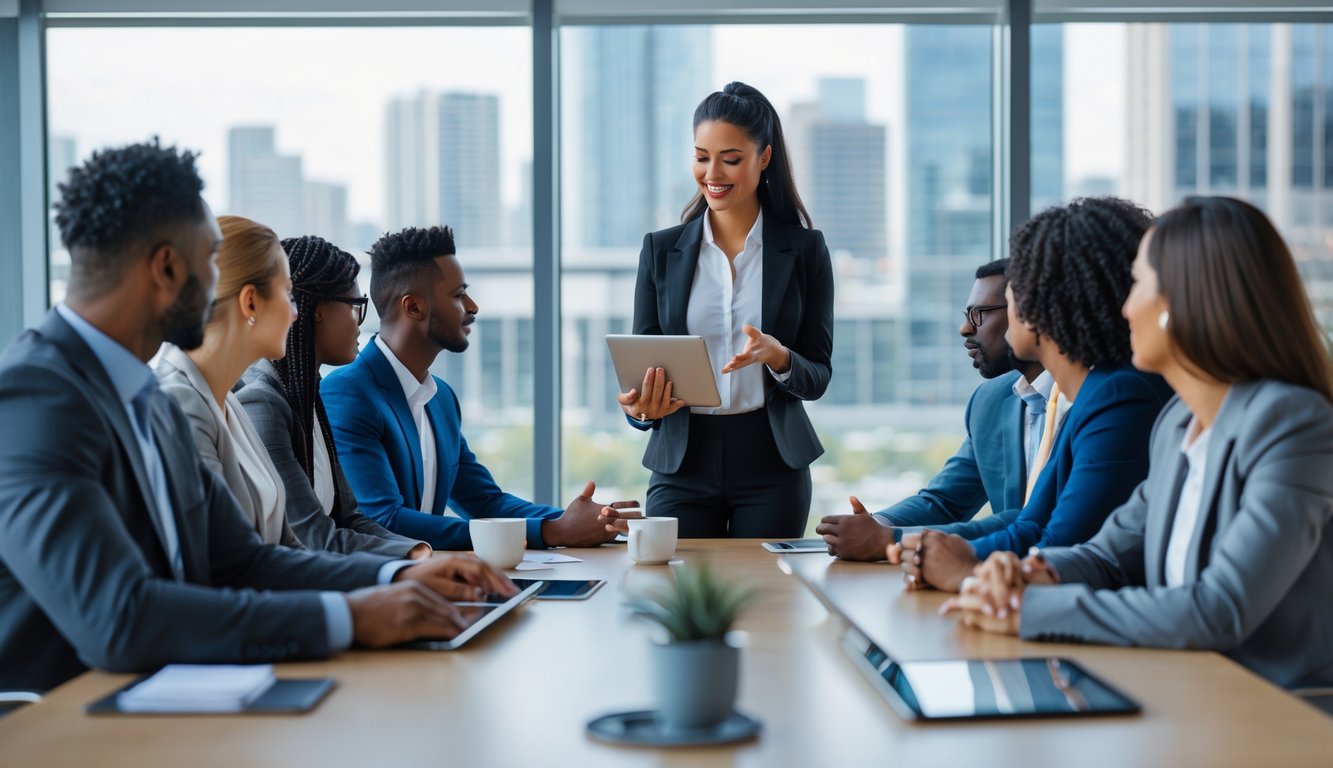 Sekelompok profesional sedang berdiskusi dalam ruang kantor modern dengan seorang wanita mempresentasikan strategi mengatasi tekanan kerja menggunakan tablet.