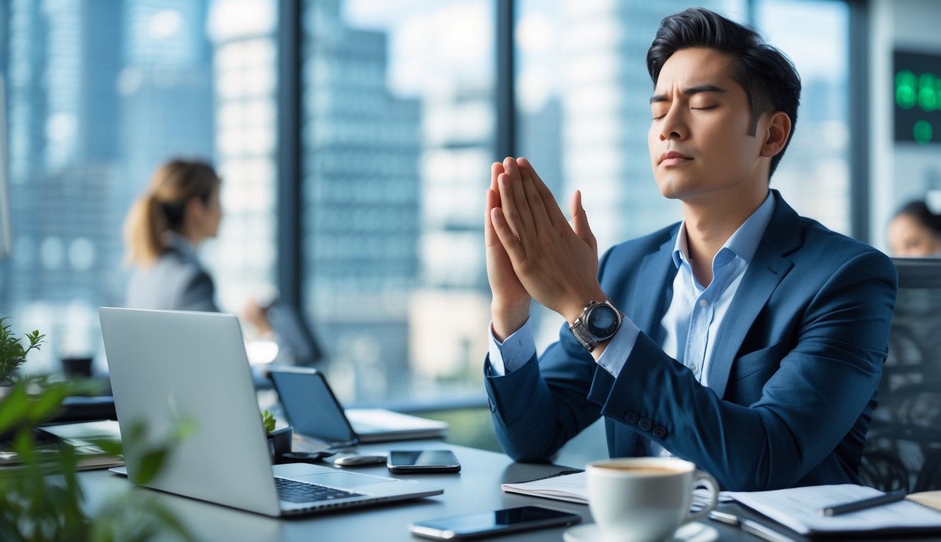 Seorang profesional duduk tenang di meja kantor dengan alat kerja di sekitarnya, berlatih mengelola stres di tengah jadwal yang sibuk.